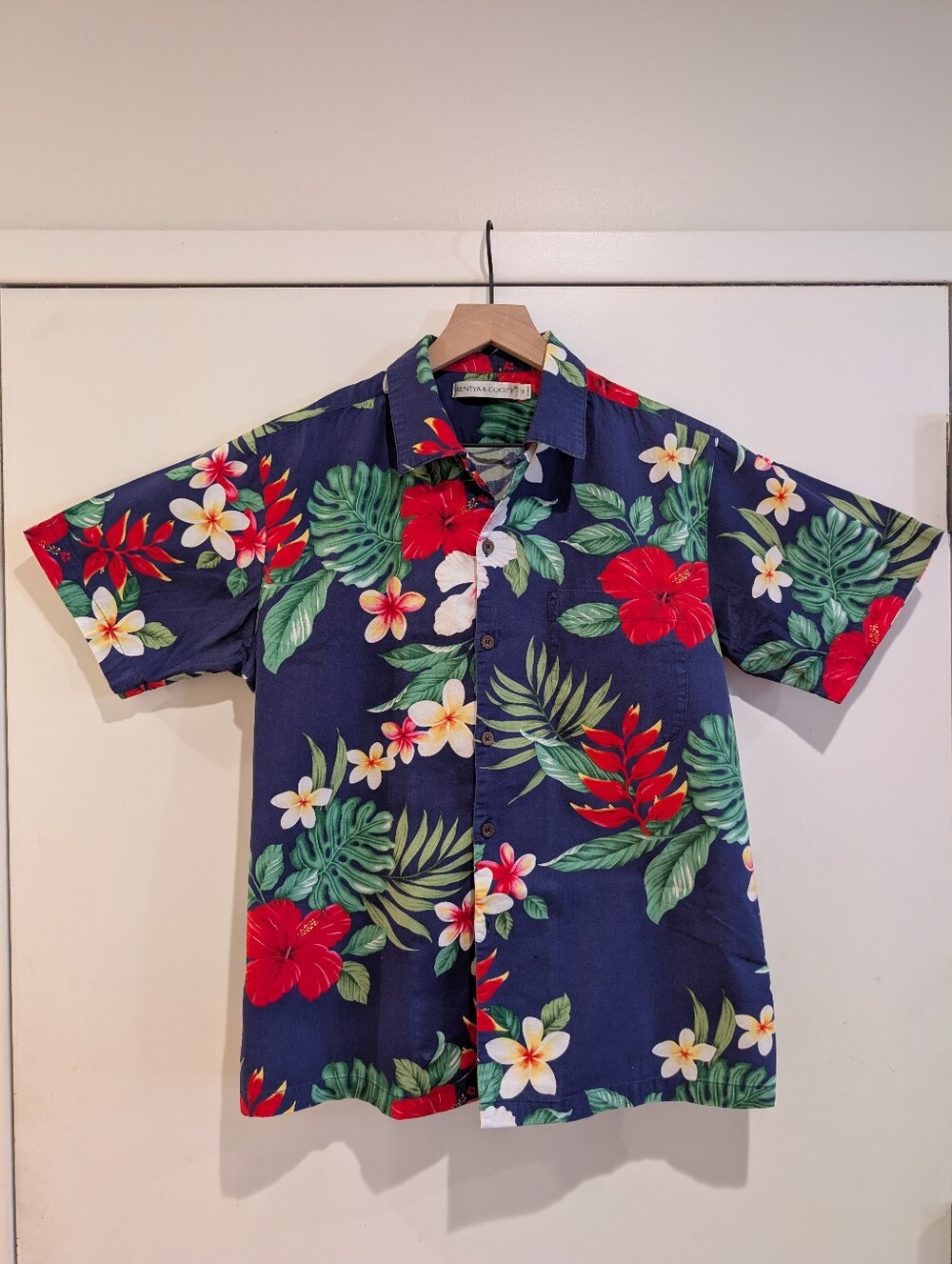 Navy Floral Hawaiian Button-Up Shirt with Red & Green Tropical Print